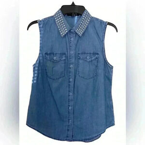 Forever 21 Denim rhinestone embellished collar Blouse Top , vest top Size Small